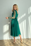 Chic Midi Dress with Flared Layered Skirt and Mesh Details
