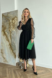 Chic Midi Dress with Layered Skirt and Crinkled Sleeves