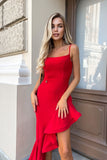 Chic Spanish-style dress with ruffled bias hem and fitted top.