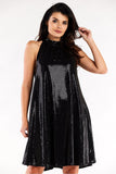 Flared Dress with Ruffle Neckline and Stand-Up Collar