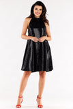 Flared Dress with Ruffle Neckline and Stand-Up Collar
