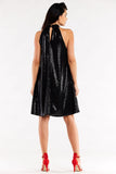 Flared Dress with Ruffle Neckline and Stand-Up Collar