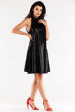Flared Dress with Ruffle Neckline and Stand-Up Collar
