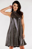Loose Flared Dress with Ruffle Neckline and Stand-Up Collar