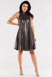 Loose Flared Dress with Ruffle Neckline and Stand-Up Collar