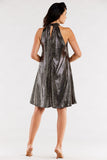 Loose Flared Dress with Ruffle Neckline and Stand-Up Collar
