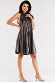 Loose Flared Dress with Ruffle Neckline and Stand-Up Collar