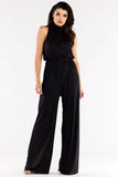 Crinkled Neckline Wide Leg Suit with Tied Collar