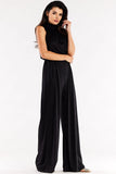 Crinkled Neckline Wide Leg Suit with Tied Collar