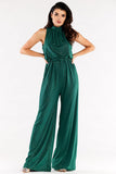 Crinkled Neckline Wide Leg Suit with Tied Collar