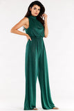 Crinkled Neckline Wide Leg Suit with Tied Collar