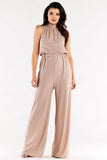 Crinkled Neckline Wide Leg Suit with Back Slit