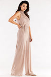 Crinkled Neckline Wide Leg Suit with Back Slit
