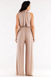 Crinkled Neckline Wide Leg Suit with Back Slit
