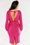 Elegant Exposed Back Dress with Long Sleeves and Creased Waist