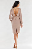 Elegant Exposed Back Dress with Long Sleeves and Elastic Waist
