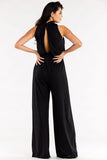 Crinkled Neckline Wide Leg Suit with Tied Collar