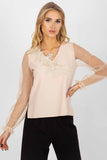 Elegant Mesh Sleeve Blouse with Heart Neckline and Embroidery
