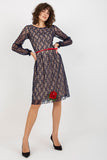 Lace Long Sleeve Dress with Belt and Flower Details