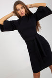 Ribbed Pencil Cut Dress with 3/4 Sleeves & Waist Tie