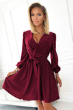 Maroon Feminine Dress with Envelope Neckline and Waist Tie