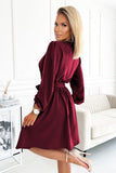 Maroon Feminine Dress with Envelope Neckline and Waist Tie