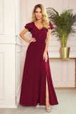 Maroon Long Dress with Neckline and Frills on Shoulders