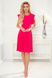 Raspberry Pleated Dress with Belt and Back Zipper