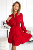 Elegant Red Dress with Frills and Gold Buttons