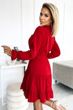 Elegant Red Dress with Frills and Gold Buttons