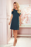 Bottle Green Trapeze Dress with Ruffled Sleeves