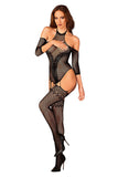 Floral Motif Bodystocking with Open Crotch Design