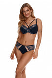 Navy Blue Floral Lace Lightly Padded Bra with Removable Strap