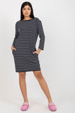 Striped Straight Cut Dress with Long Sleeves and Pockets