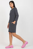 Striped Straight Cut Dress with Long Sleeves and Pockets