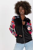 Colorful Floral Velour Bomber Jacket with Zipper Closure