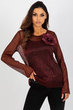 Two-Piece Long Sleeve Blouse with Flower Brooch Detail