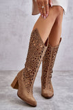 Stylish Knee-High Openwork Leather Boots with Zipper Closure