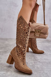 Stylish Knee-High Openwork Leather Boots with Zipper Closure