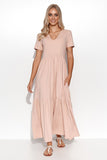 Romantic Maxi Knit Dress with Ruffles and V-Neckline