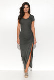 Elegant Long Fitted Dress with Side Slit and Gold Accent
