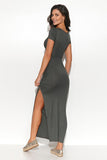 Elegant Long Fitted Dress with Side Slit and Gold Accent