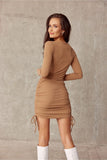 Adjustable Fitted Mini Dress with Long Sleeves and Knotted Strings