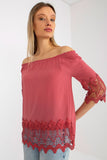 Spanish Neckline Blouse with 3/4 Sleeves and Trim
