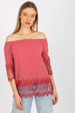 Spanish Neckline Blouse with 3/4 Sleeves and Trim