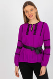 Lace-Trimmed Long Sleeve Formal Blouse with Tie Belt