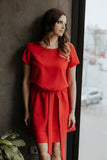 Short Sleeve Dress with Elastic Waist and Belt