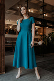 Flared Short Sleeve Long Dress with Covered Zipper