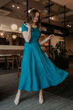 Flared Short Sleeve Long Dress with Covered Zipper