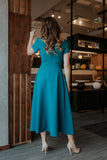 Flared Short Sleeve Long Dress with Covered Zipper
